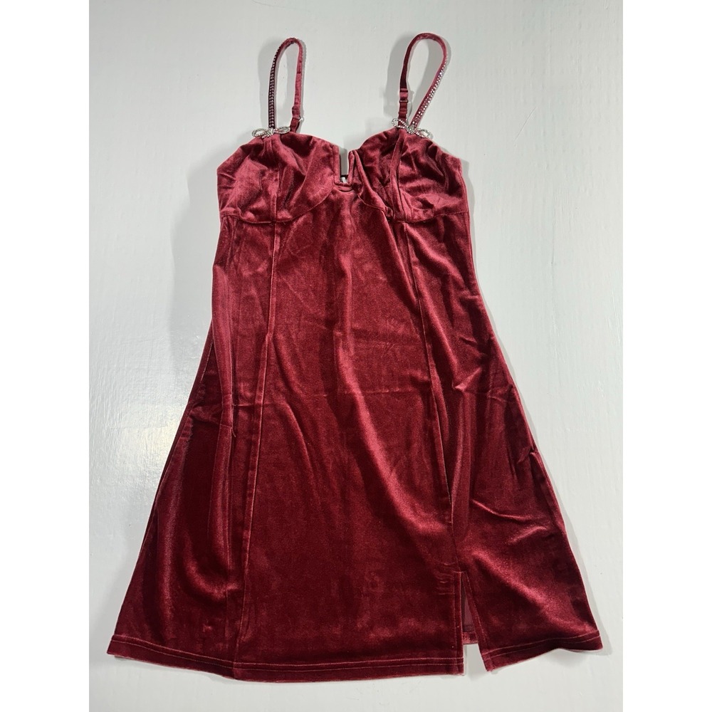 Velvet Mini Dress Crystal Bow Straps Stretchy Party Cocktail Split Neck Medium